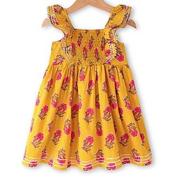 Babyhug Cotton Woven Cap Sleeves Floral Printed Ethnic Dress - Yellow