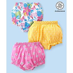 Babyhug 100% Cotton Knit Antibacterial Bloomers with Floral & Polka Dots Print  Pack of 3 - Pink Yellow & White