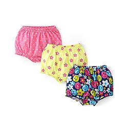 Babyhug 100% Cotton Knit Antibacterial Bloomers with Polka Dots & Floral Print  Pack of 3 - Yellow Pink & Navy Blue