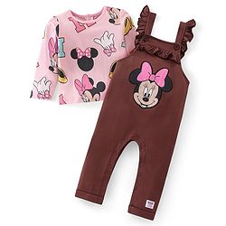 Babyhug Disney Knit Terry Dungaree with Frill Detailing & Full Sleeves T-Shirt Set Minnie Mouse Applique -Pink & Brown