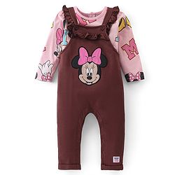 Babyhug Disney Knit Terry Dungaree with Frill Detailing & Full Sleeves T-Shirt Set Minnie Mouse Applique -Pink & Brown