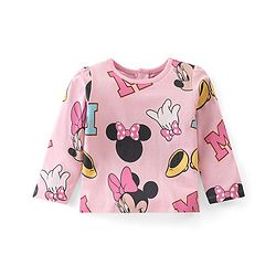 Babyhug Disney Knit Terry Dungaree with Frill Detailing & Full Sleeves T-Shirt Set Minnie Mouse Applique -Pink & Brown
