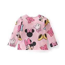 Babyhug Disney Knit Terry Dungaree with Frill Detailing & Full Sleeves T-Shirt Set Minnie Mouse Applique -Pink & Brown
