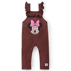 Babyhug Disney Knit Terry Dungaree with Frill Detailing & Full Sleeves T-Shirt Set Minnie Mouse Applique -Pink & Brown