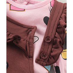 Babyhug Disney Knit Terry Dungaree with Frill Detailing & Full Sleeves T-Shirt Set Minnie Mouse Applique -Pink & Brown