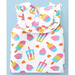 Babyhug Cotton Knit Sleeveless Top with Ice Cream Print & Frill Detailing - White