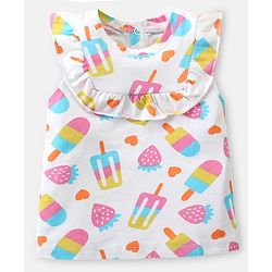 Babyhug Cotton Knit Sleeveless Top with Ice Cream Print & Frill Detailing - White