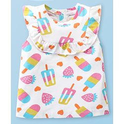 Babyhug Cotton Knit Sleeveless Top with Ice Cream Print & Frill Detailing - White