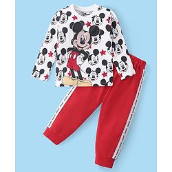 Babyhug Disney Cotton Knit Full Sleeves Night Suit With Mickey Mouse Graphics - White & Red