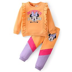 Babyhug Disney Terry Full Sleeves Top & Pant Set with Minnie Mouse Print & Frill Detailing - Peach & Lavender