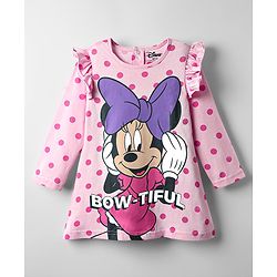 Babyhug Disney Cotton Knit Frill Full Sleeves Nighty With Minnie Mouse Graphics - Pink