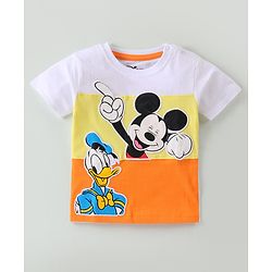 Babyhug Disney Cotton Knit Half Sleeves T-Shirt With Mickey Mouse and Donald Duck Applique - White