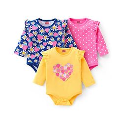 Babyhug 100% Cotton Interlock Full Sleeves Onesies Polka Dots & Floral Print Pack of 3 - Multicolour