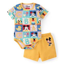 Babyhug Disney Cotton Knit Half Sleeves Onesie with Shorts Mickey Mouse Print - Multicolour