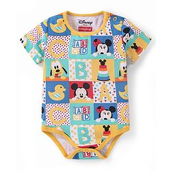 Babyhug Disney Cotton Knit Half Sleeves Onesie with Shorts Mickey Mouse Print - Multicolour
