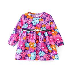 Babyhug Fleece Knit Full Sleeves Frock With Floral Print- Purple
