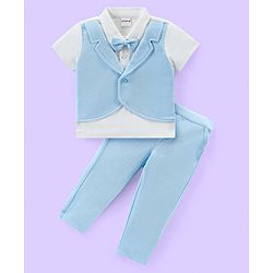 Babyhug Knit Half Sleeves Solid T-Shirt & Trouser with Attached Bow & Waist Coat- Light Blue