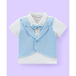 Babyhug Knit Half Sleeves Solid T-Shirt & Trouser with Attached Bow & Waist Coat- Light Blue