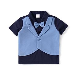 Babyhug Half Sleeves Solid Color T-Shirt & Bottom Set with Waistcoat & Bow Applique - Purple & Blue