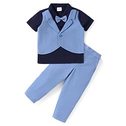 Babyhug Half Sleeves Solid Color T-Shirt & Bottom Set with Waistcoat & Bow Applique - Purple & Blue