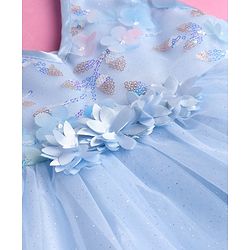 Babyhug Woven Sleeveless Fit and Flare Mesh Party Frock With Sequinned Detailing & Floral 3D Applique - Light Blue