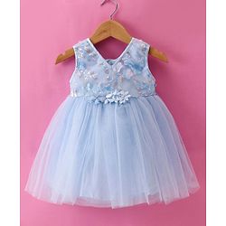 Babyhug Woven Sleeveless Fit and Flare Mesh Party Frock With Sequinned Detailing & Floral 3D Applique - Light Blue