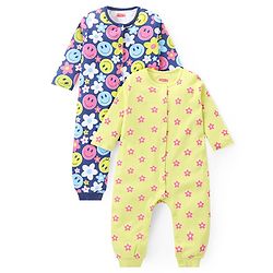 Babyhug 100% Cotton Full Sleeves Romper Floral Print Pack of 2- Yellow & Blue