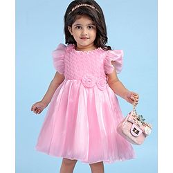 Babyhug Woven Frill Sleeves Solid Textured Dress with Bow Applique - Pink