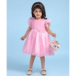 Babyhug Woven Frill Sleeves Solid Textured Dress with Bow Applique - Pink