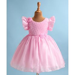 Babyhug Woven Frill Sleeves Solid Textured Dress with Bow Applique - Pink
