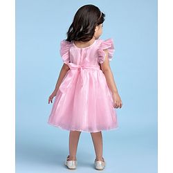 Babyhug Woven Frill Sleeves Solid Textured Dress with Bow Applique - Pink