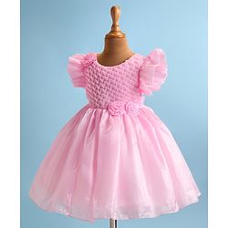 Babyhug Woven Frill Sleeves Solid Textured Dress with Bow Applique - Pink