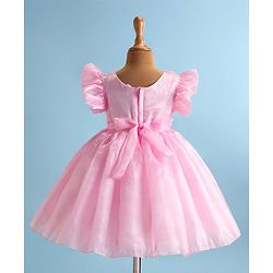 Babyhug Woven Frill Sleeves Solid Textured Dress with Bow Applique - Pink
