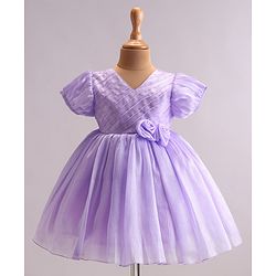 Babyhug Woven Half Puffed Sleeves Fit & Flared Party Frock with Floral Corsage - Lavender