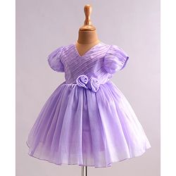 Babyhug Woven Half Puffed Sleeves Fit & Flared Party Frock with Floral Corsage - Lavender