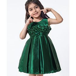 Babyhug Woven Sleeveless Solid Colour Party Frock with Textured Yoke & Corsage - Dark Green