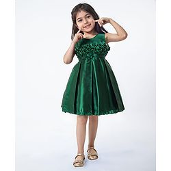 Babyhug Woven Sleeveless Solid Colour Party Frock with Textured Yoke & Corsage - Dark Green
