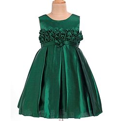Babyhug Woven Sleeveless Solid Colour Party Frock with Textured Yoke & Corsage - Dark Green