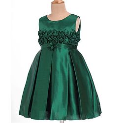 Babyhug Woven Sleeveless Solid Colour Party Frock with Textured Yoke & Corsage - Dark Green