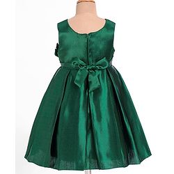 Babyhug Woven Sleeveless Solid Colour Party Frock with Textured Yoke & Corsage - Dark Green