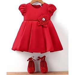 Babyhug  Woven Half Puffed Sleeves Fit & Flared Party Frock with Booties Floral Applique - Red