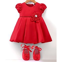 Babyhug  Woven Half Puffed Sleeves Fit & Flared Party Frock with Booties Floral Applique - Red