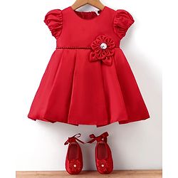 Babyhug  Woven Half Puffed Sleeves Fit & Flared Party Frock with Booties Floral Applique - Red