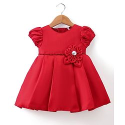 Babyhug  Woven Half Puffed Sleeves Fit & Flared Party Frock with Booties Floral Applique - Red