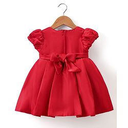 Babyhug  Woven Half Puffed Sleeves Fit & Flared Party Frock with Booties Floral Applique - Red
