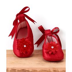 Babyhug  Woven Half Puffed Sleeves Fit & Flared Party Frock with Booties Floral Applique - Red