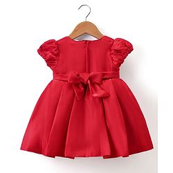 Babyhug  Woven Half Puffed Sleeves Fit & Flared Party Frock with Booties Floral Applique - Red