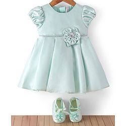 Babyhug  Woven Half Puffed Sleeves Fit & Flared Party Frock with Booties Floral Applique - Red