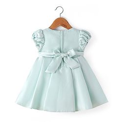 Babyhug  Woven Half Puffed Sleeves Solid Colour Party Frock with Floral Applique Lace Detailing & Pair of Booties - Sea Green