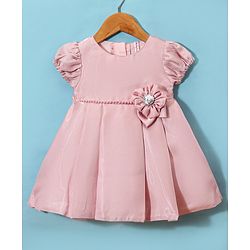 Babyhug  Woven Half Puffed Sleeves Fit & Flared Party Frock with Booties Floral Applique - Red